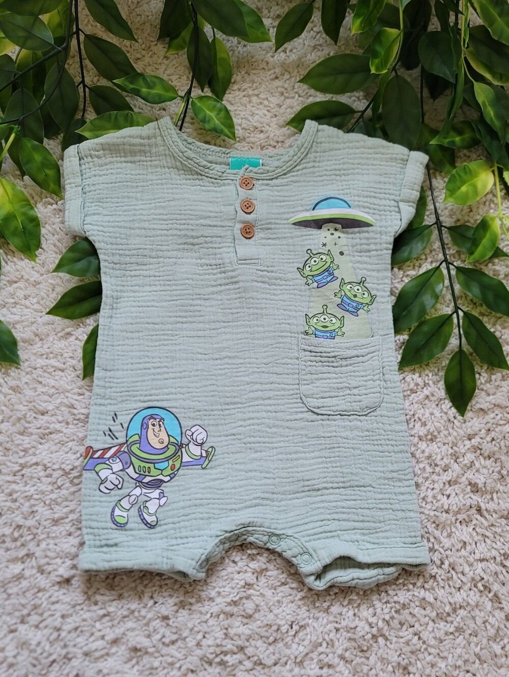 Disney Light Green Buzz Lightyear & Aliens Romper